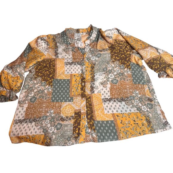 Catos Tops - Patchwork Print Button Down Top Women Bubble Style Ruffles Trim HiLo Hem 18 XL